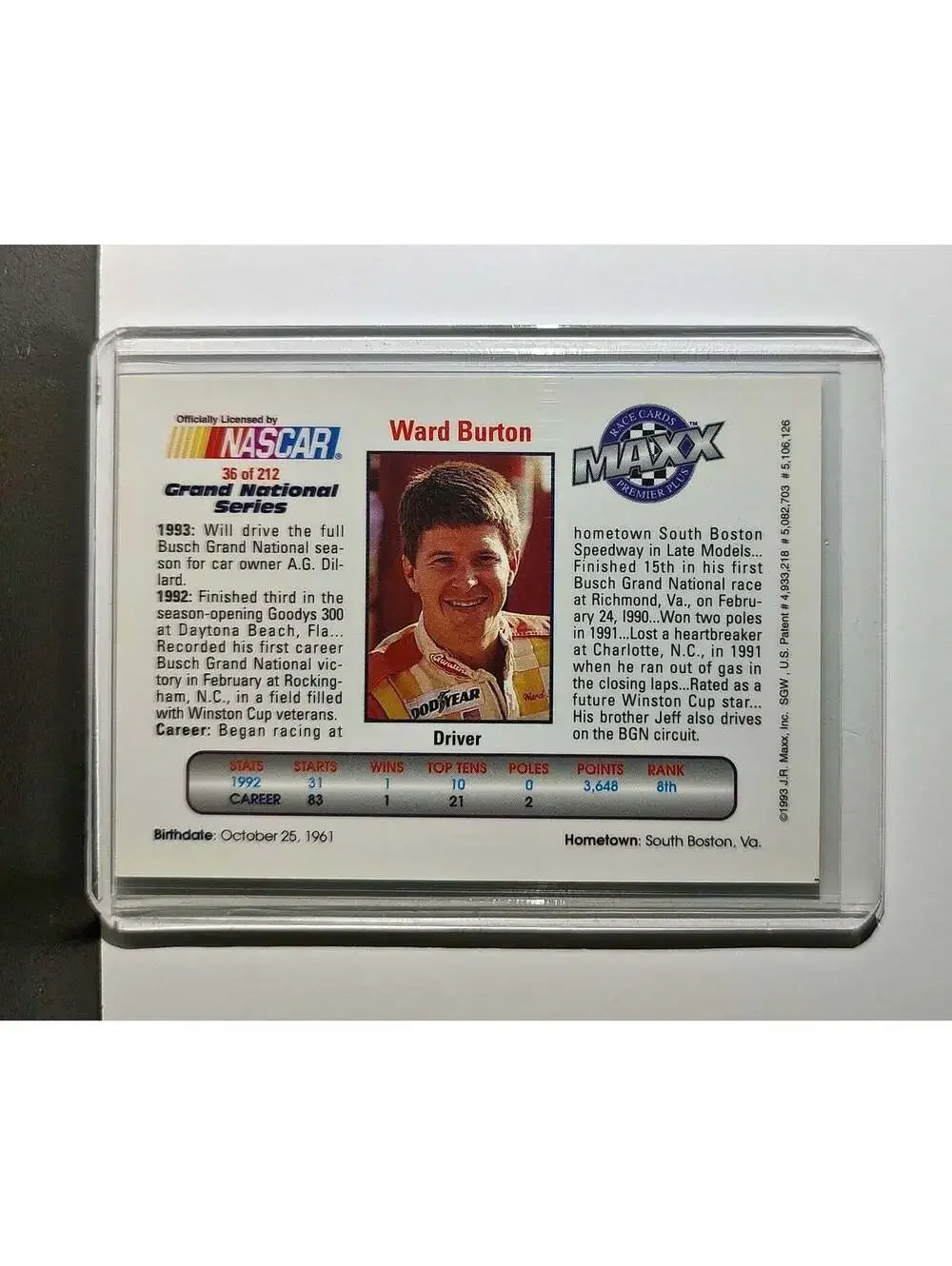 Ward Burton 1993 Maxx Premier Plus Racing #36 NASCAR Card A.G. Dillard Racing